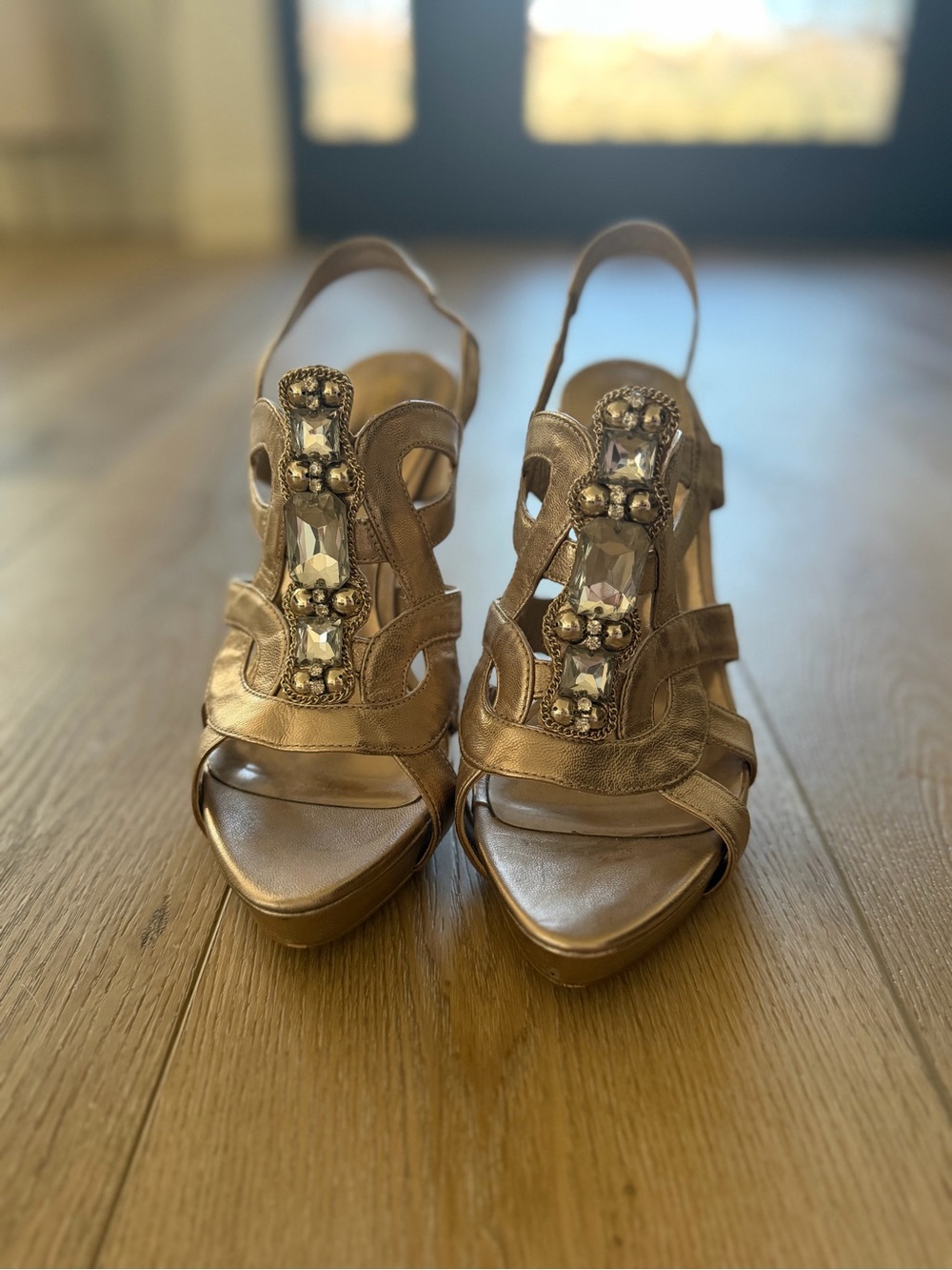 Guess by Marciano Metallic Gold Jeweled Slingback Heels